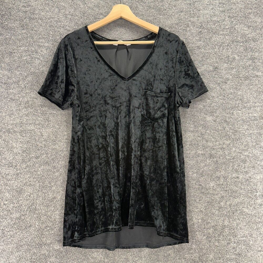 Spring & Mercer T-Shirt Women L Large Black Velvet V-Neck Short Sleeve Pockets